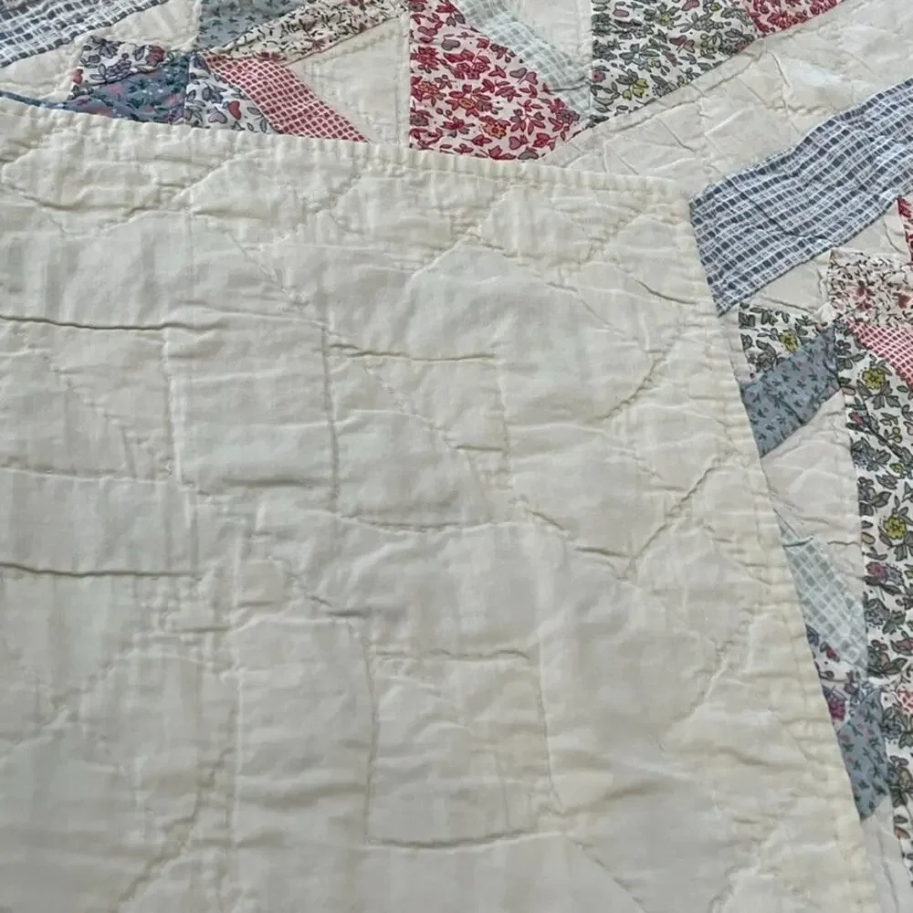 Antique Flour Sack Blue Red Patchwork Handmade Quilt 79